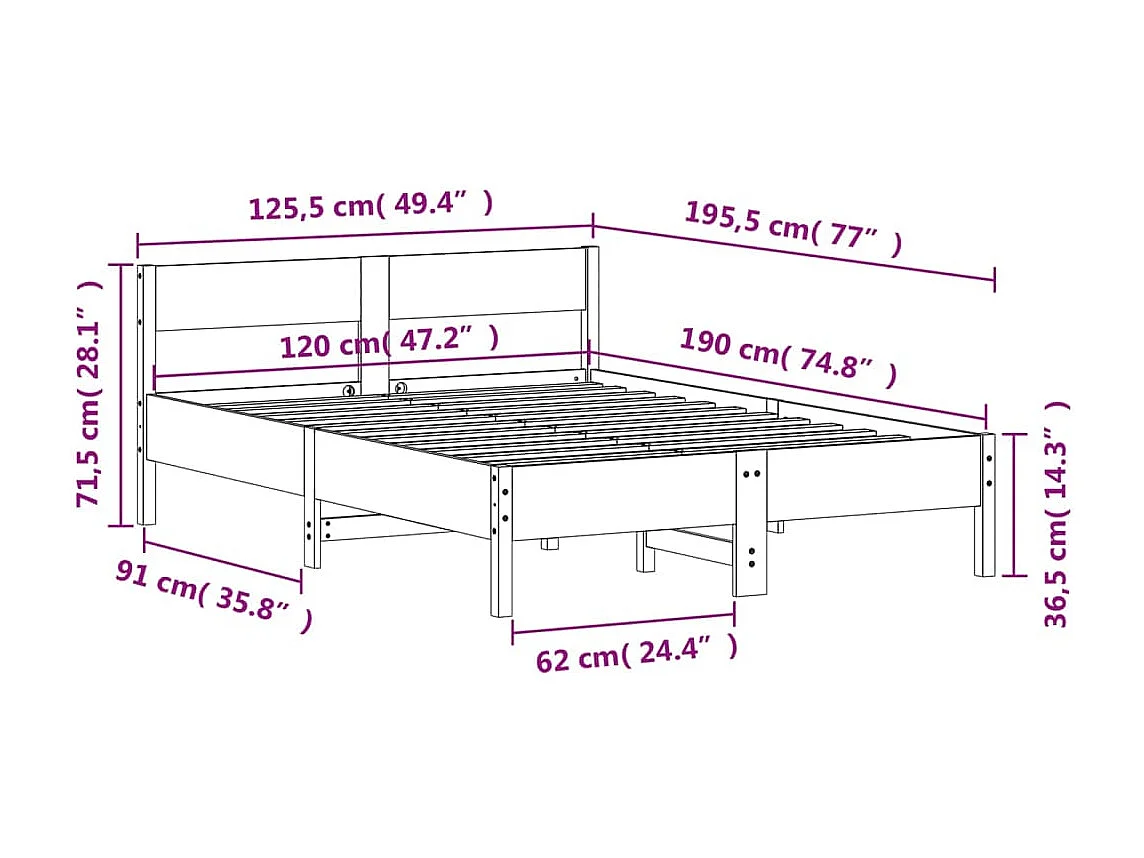 Cadre de lit sans matelas blanc 120x190 cm bois de pin massif