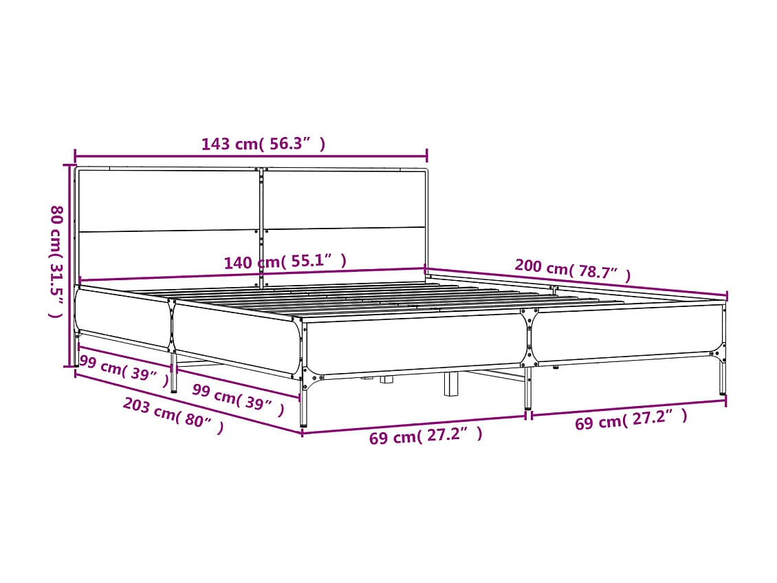 Bettgestell Sonoma-Eiche 140x200 cm Holzwerkstoff und Metall