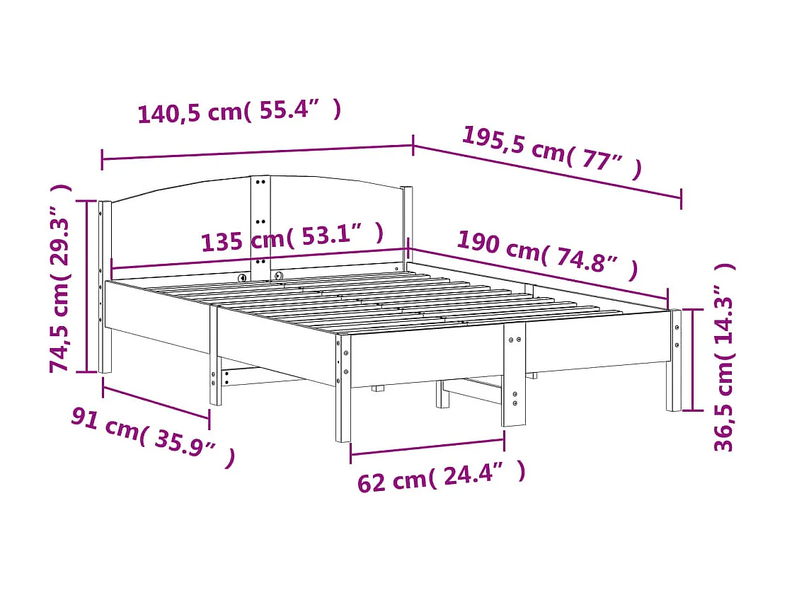 Letto senza Materasso 135x190 cm in Legno Massello di Pino