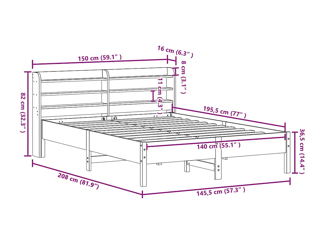Cama sem colchão 140x190 cm pinho maciço castanho-mel