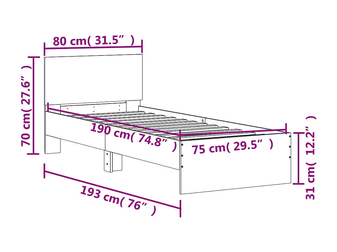 Cadre de lit sans matelas avec tête de lit 75x190 cm