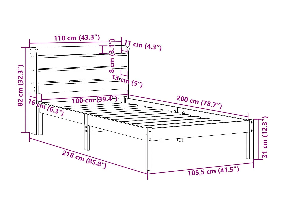 Cadre de lit sans matelas 100x200 cm bois massif de pin