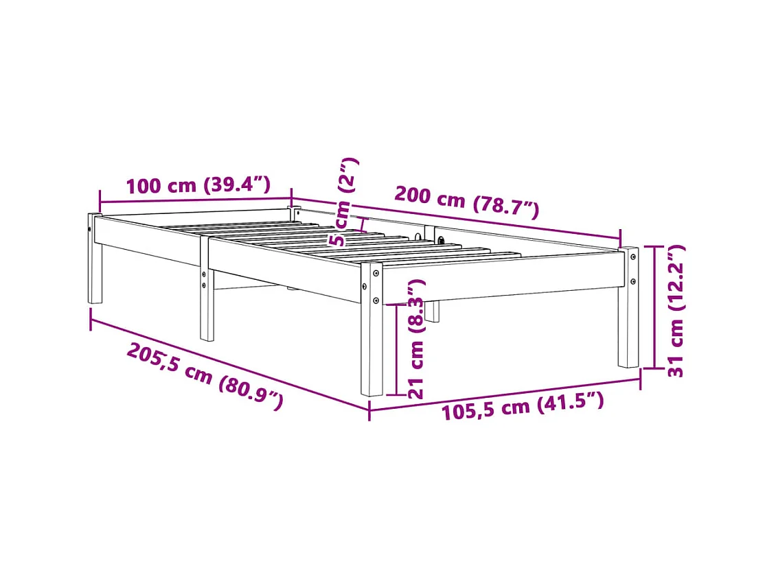 Cadre de lit sans matelas cire marron 100x200cm bois pin massif