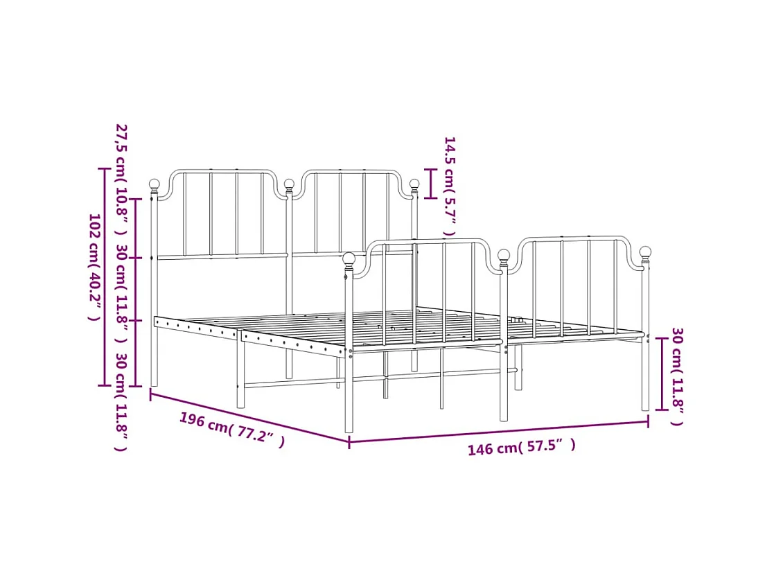 Cadre de lit métal sans matelas et pied de lit blanc 140x190 cm