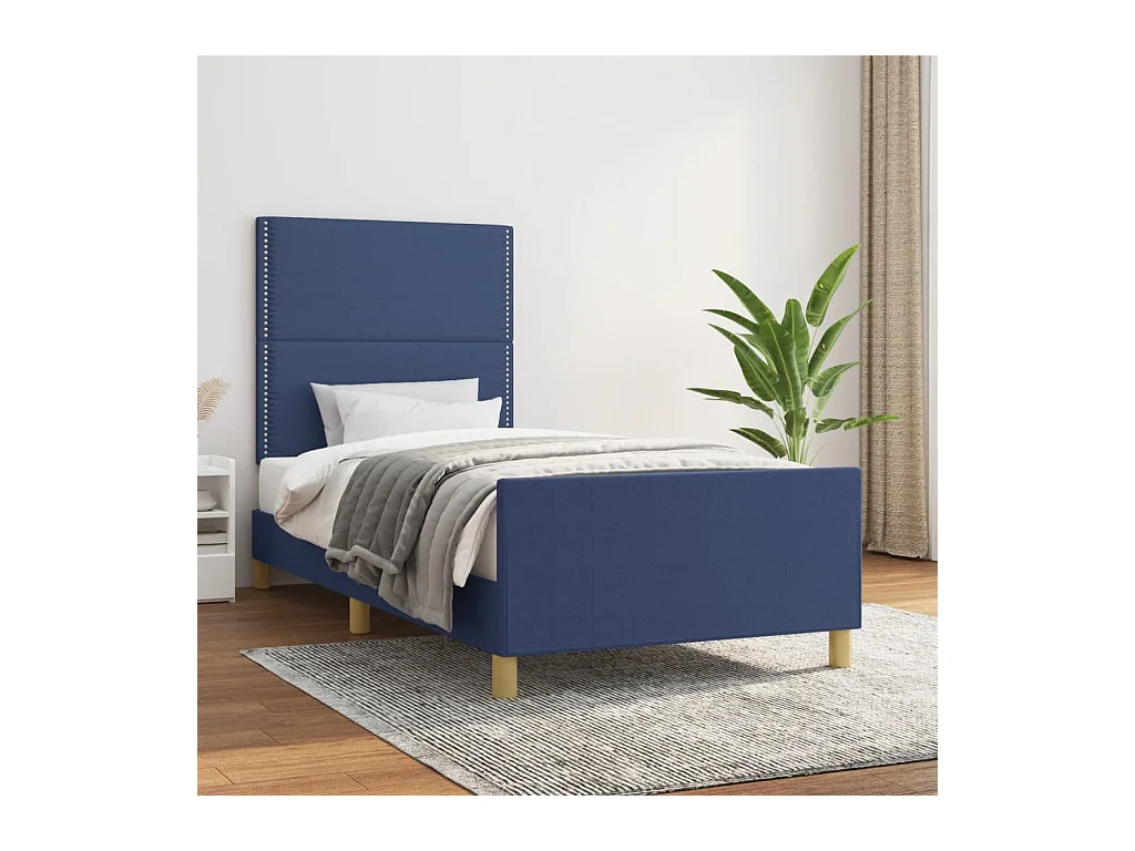 Estrutura de cama c/ cabeceira tecido azul 90x200 cm