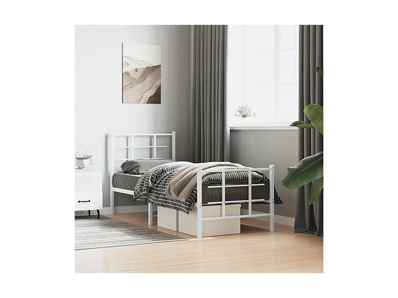 Cadre de lit métal sans matelas avec pied de lit blanc 75x190cm