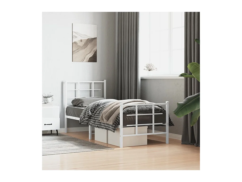 Cadre de lit métal sans matelas avec pied de lit blanc 75x190cm