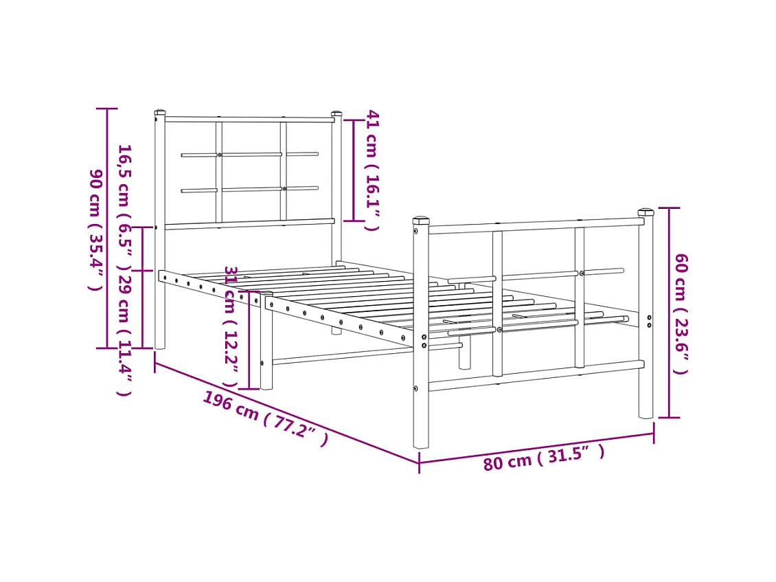 Cadre de lit métal sans matelas avec pied de lit blanc 75x190cm
