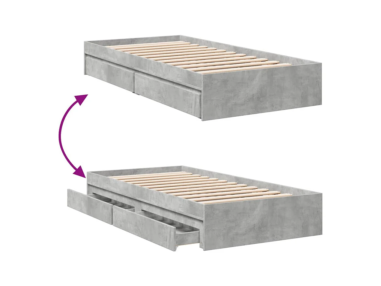 Cadre de lit avec tiroirs sans matelas gris béton 75x190 cm