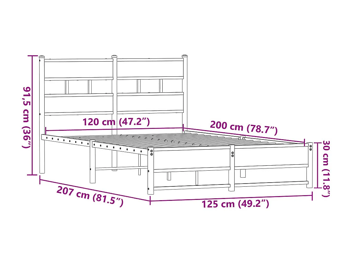 Cadre de lit en métal sans matelas chêne marron 120x200 cm