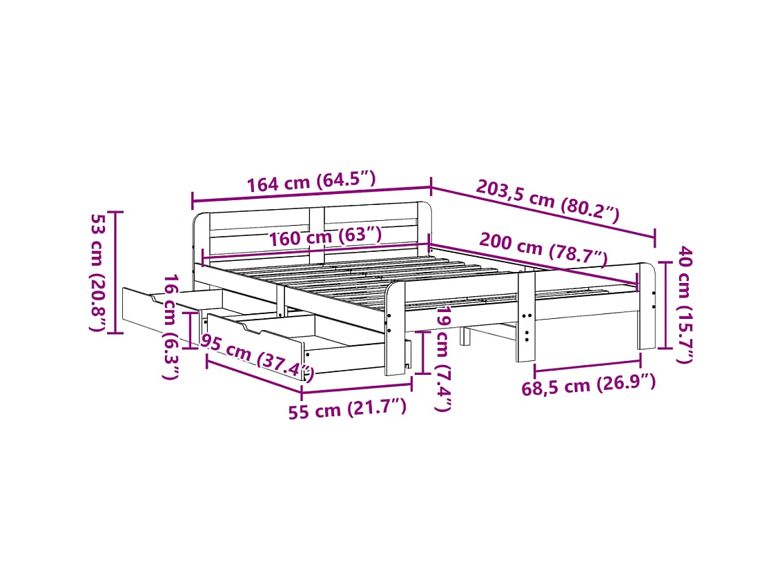Cadre de lit sans matelas blanc 160x200 cm bois de pin massif