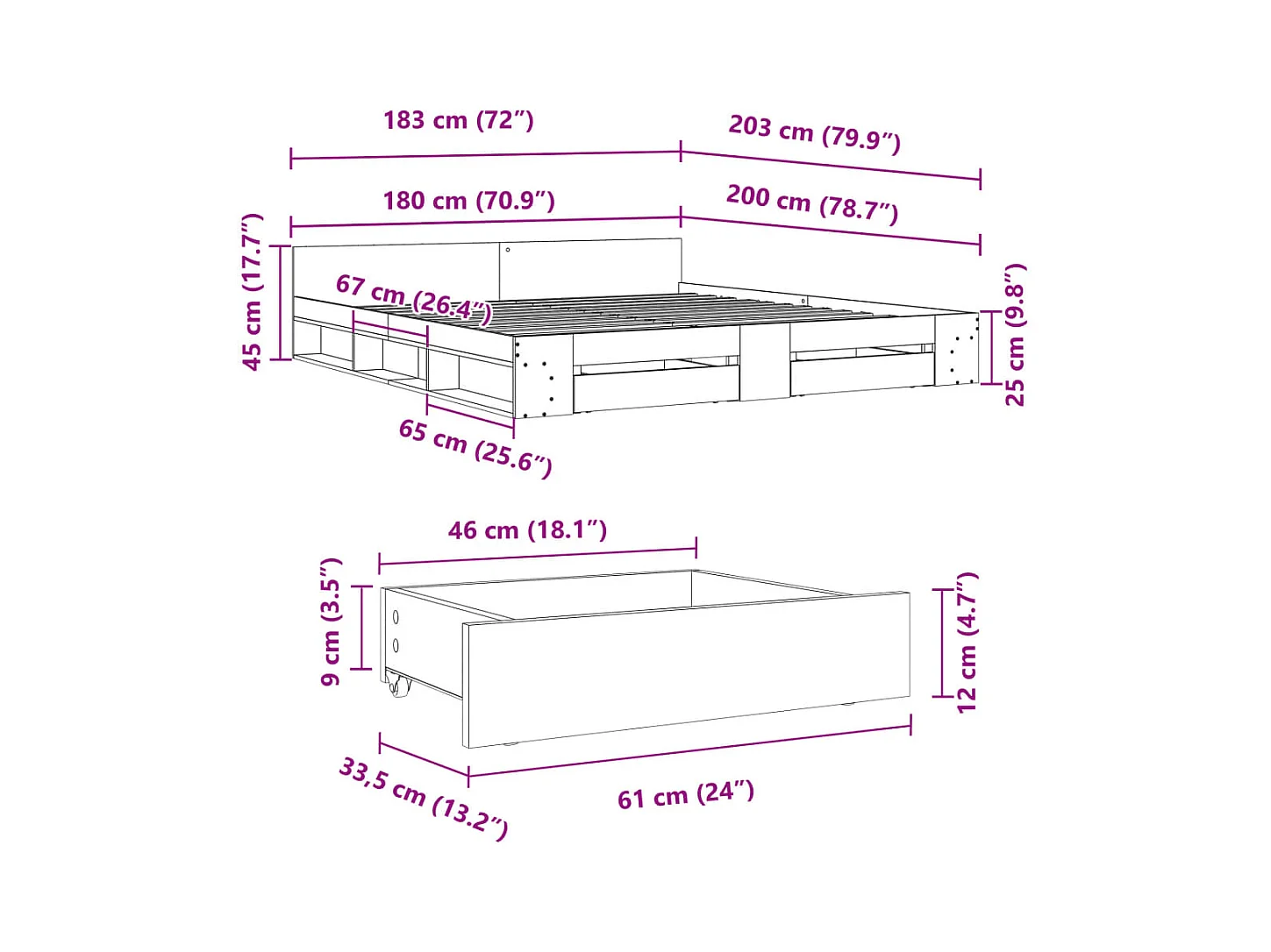Cadre de lit avec tiroirs sans matelas noir 180x200 cm