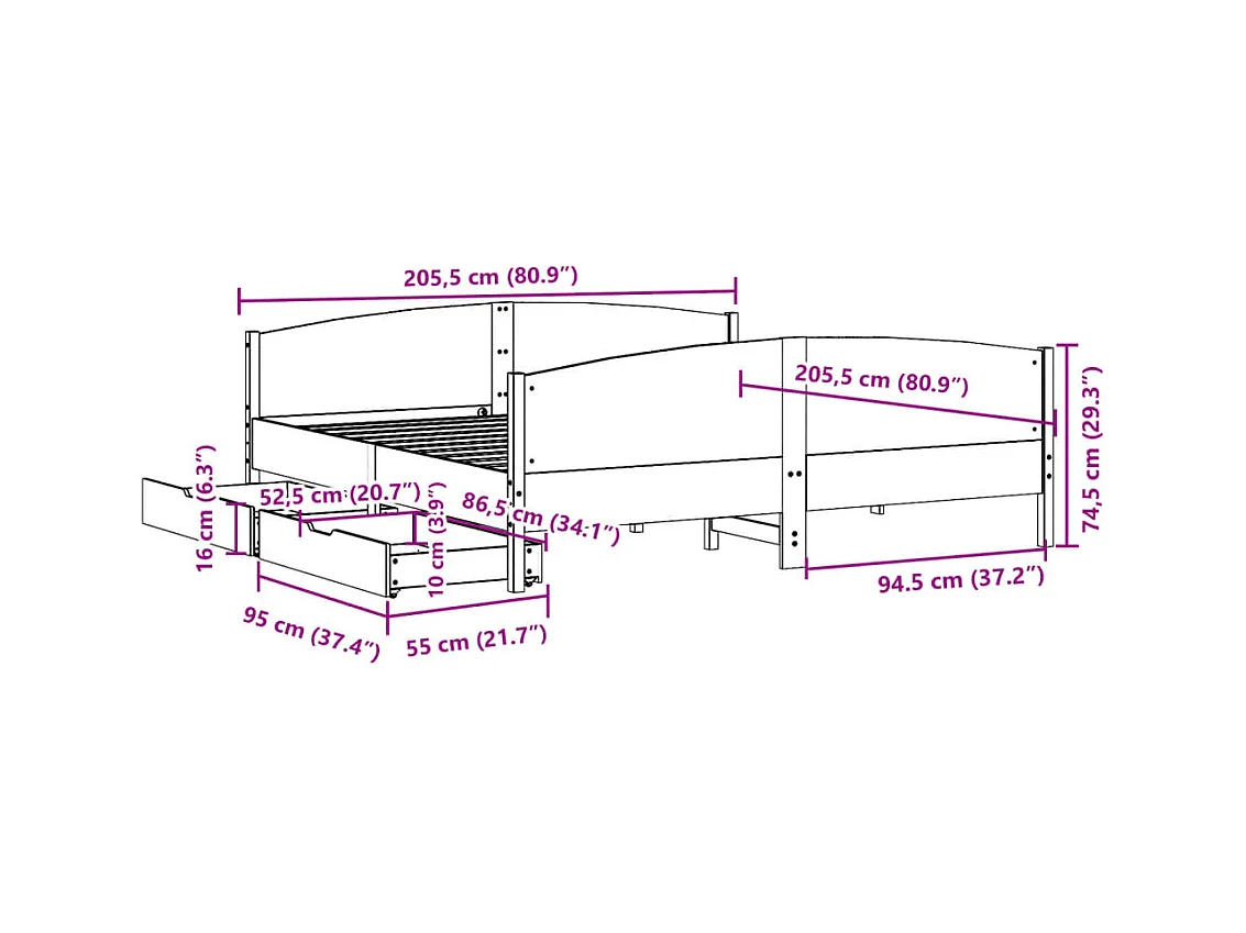 Cadre de lit sans matelas blanc 200x200 cm bois massif de pin