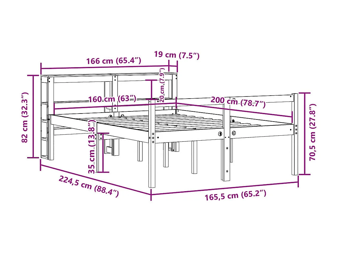 Estrutura cama c/ cabeceira 160x200cm pinho maciço castanho-mel