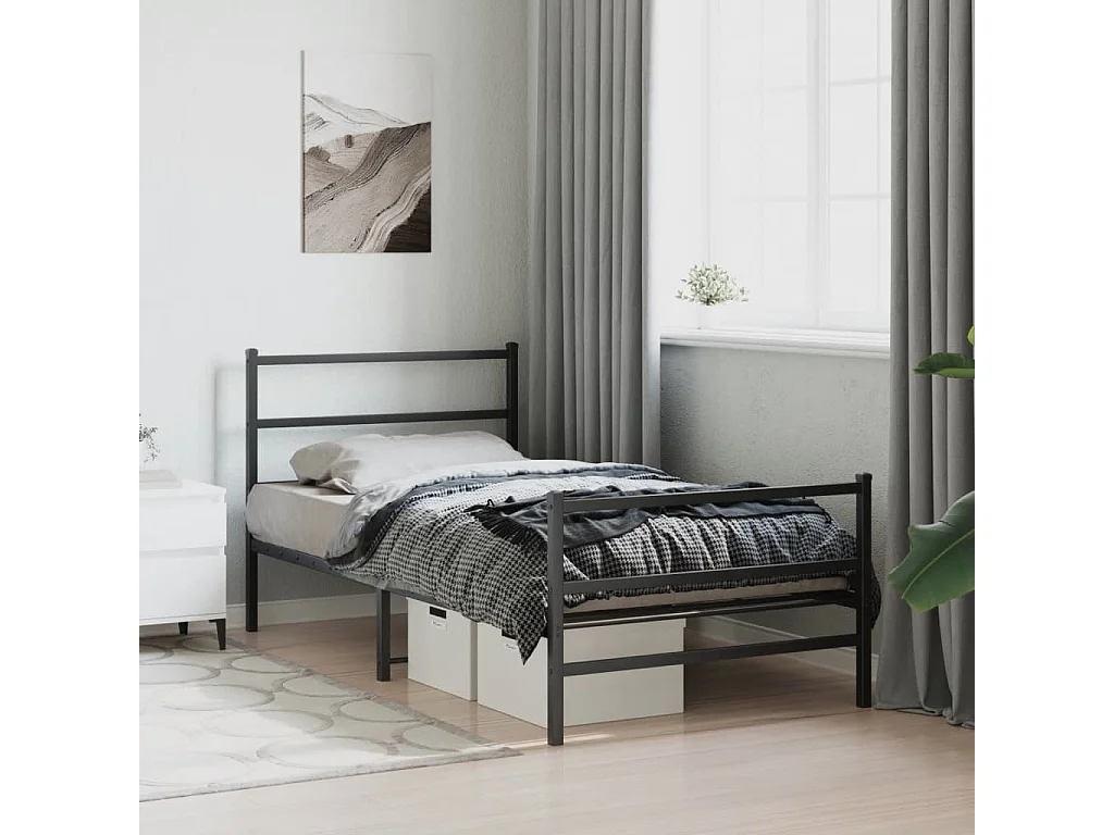 Cadre de lit métal sans matelas avec pied de lit noir 100x190cm