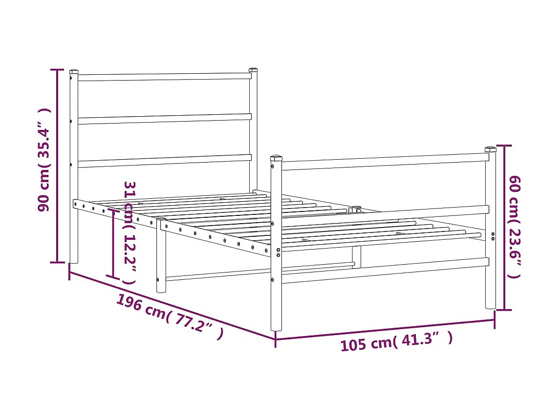 Cadre de lit métal sans matelas avec pied de lit noir 100x190cm