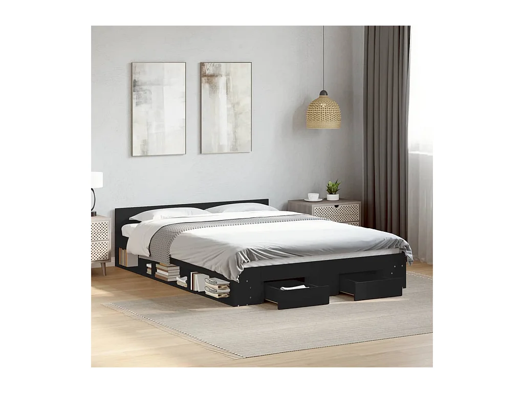 Giroletto con Cassetti Nero 150x200 cm in Legno Multistrato