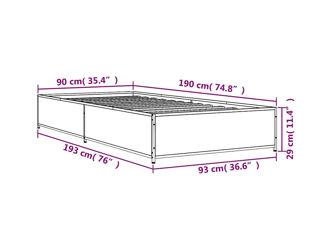 Estructura cama madera ingeniería metal gris Sonoma 90x190 cm