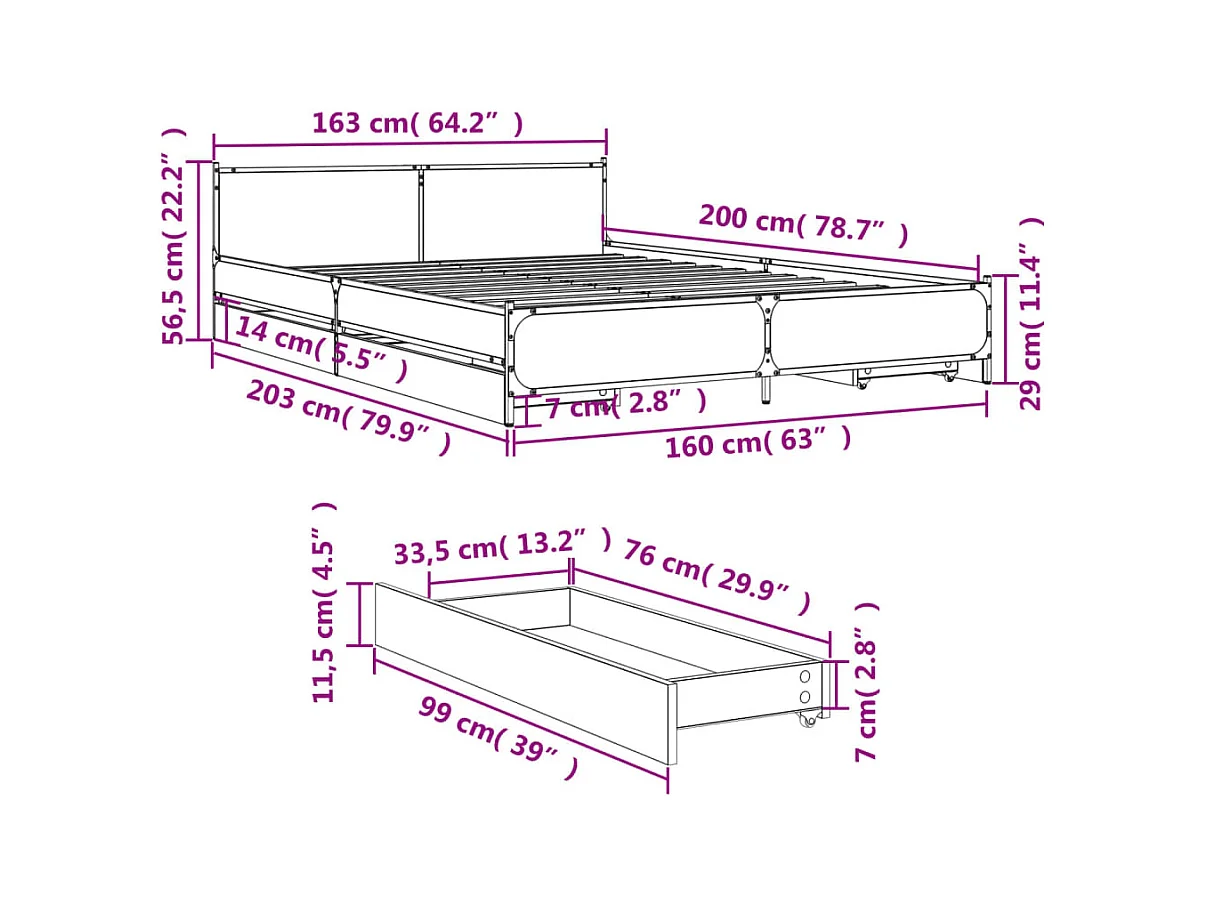Estructura cama madera ingeniería metal gris Sonoma 90x190 cm