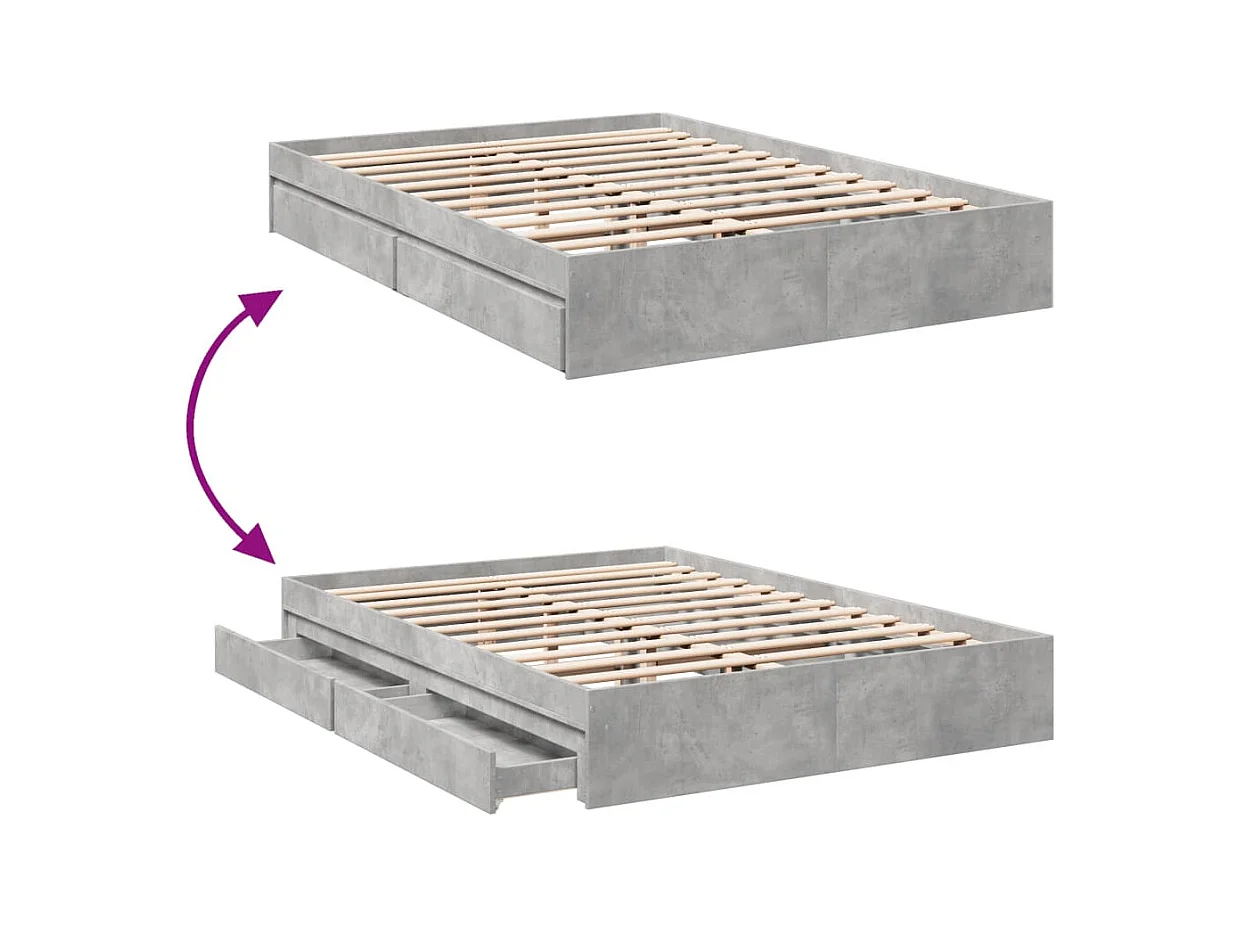 Cadre de lit avec tiroirs sans matelas gris béton 160x200 cm