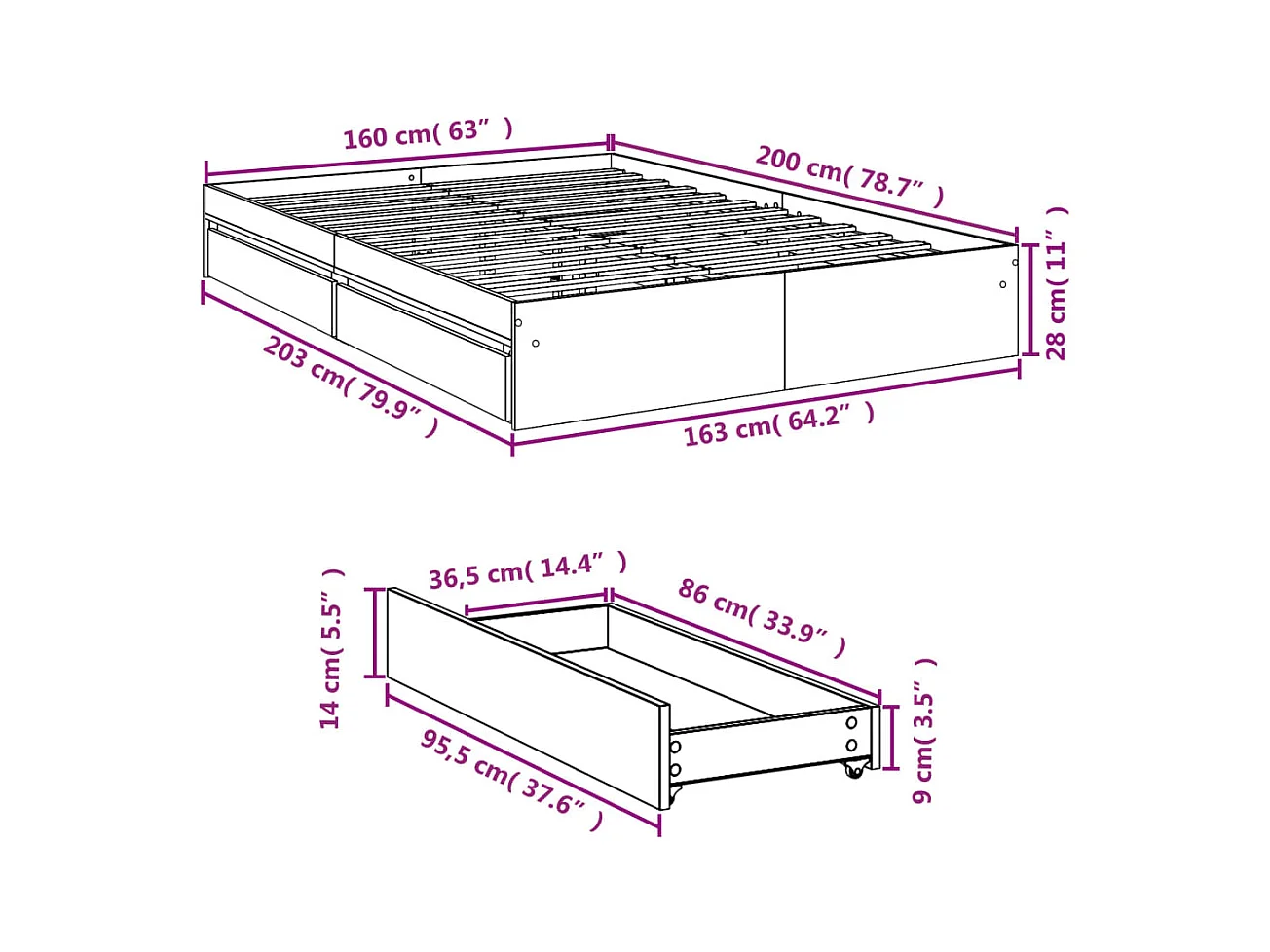 Cadre de lit avec tiroirs sans matelas gris béton 160x200 cm