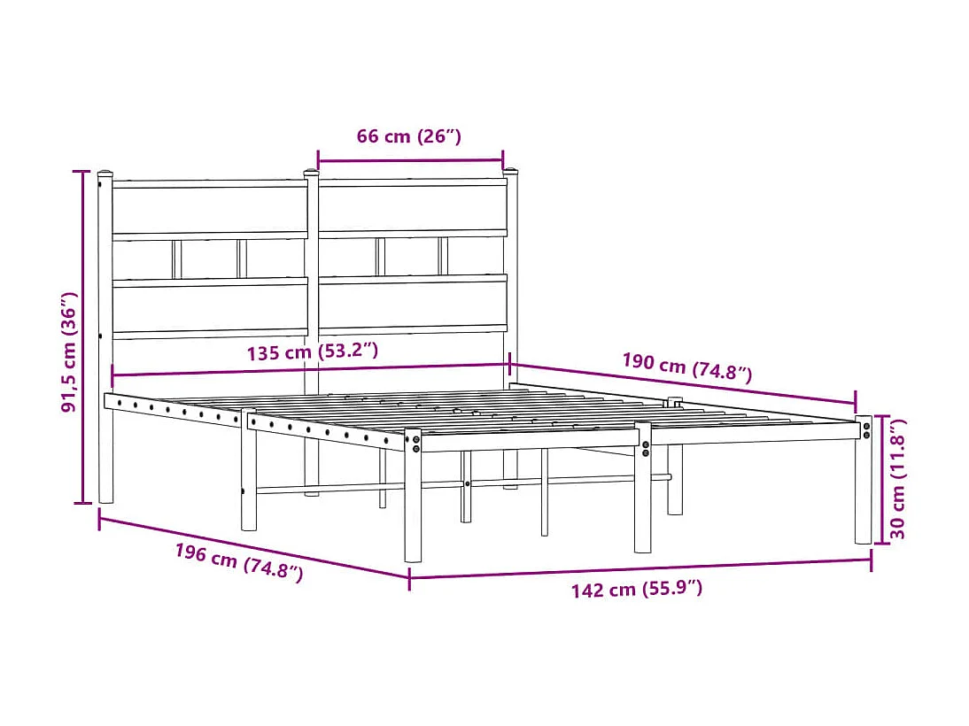 Cadre de lit en métal sans matelas chêne sonoma 135x190 cm