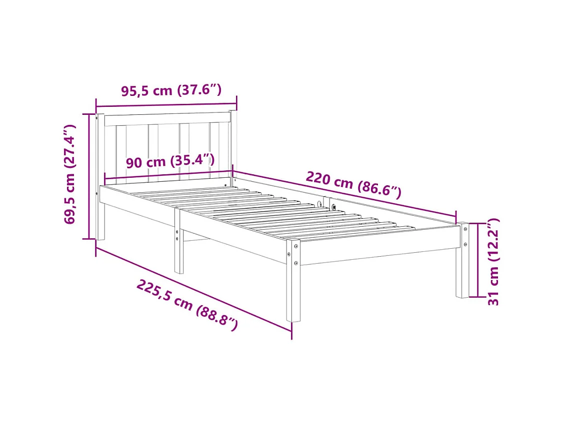 Cadre de lit extra long sans matelas 90x220 cm bois massif pin