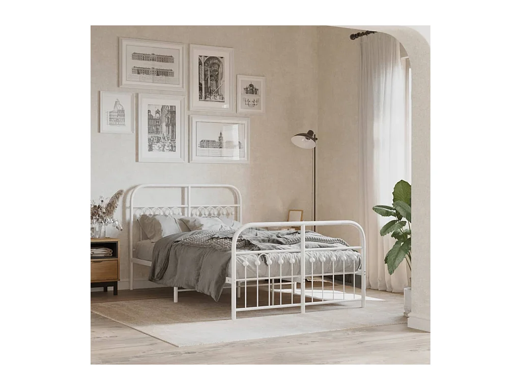 Cadre de lit métal sans matelas et pied de lit blanc 120x200 cm