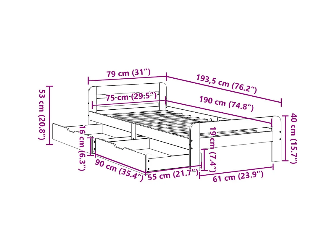 Letto senza Materasso Marrone Cera 80x190 cm in Legno di Pino