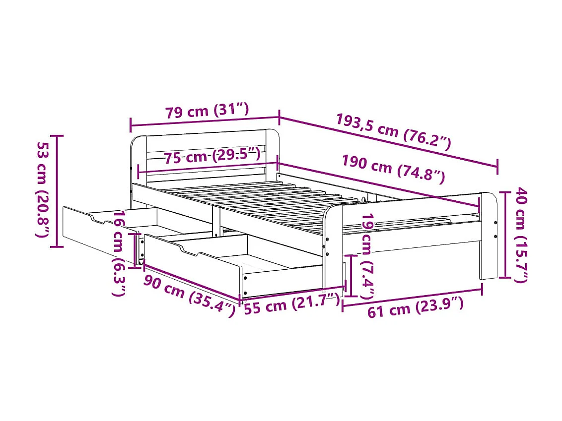 Cadre de lit sans matelas cire marron 80x190 cm bois pin massif