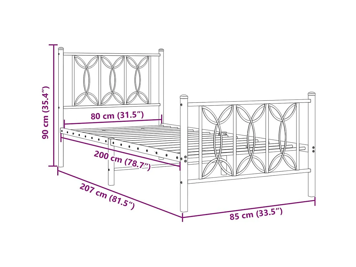 Giroletto con Testiera e Pediera Metallo Nero 80x200 cm