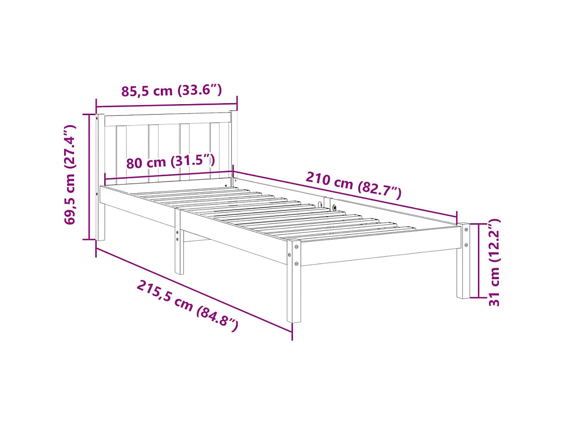 Cama extra longa sem colchão 80x210 cm pinho maciço branco