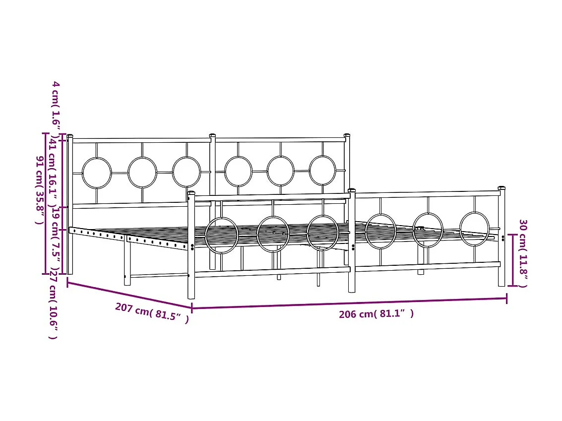Cadre de lit métal sans matelas et pied de lit blanc 200x200 cm