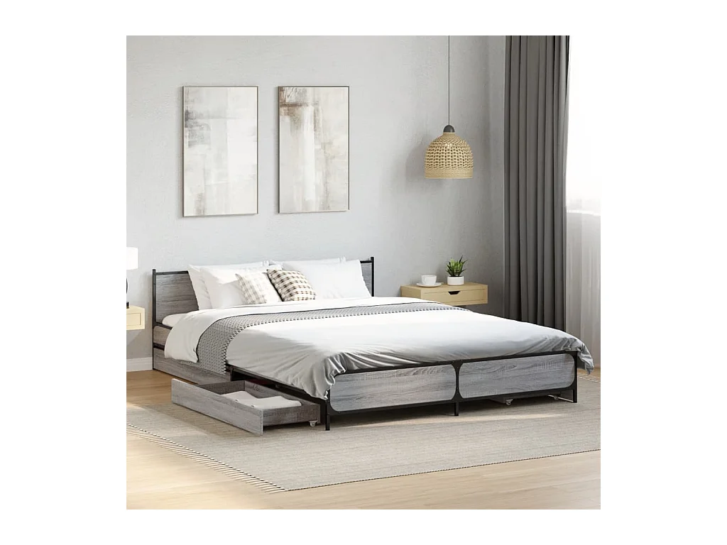 Cadre de lit avec tiroirs sans matelas sonoma gris 150x200 cm