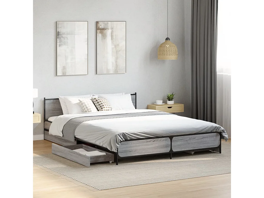 Cadre de lit avec tiroirs sans matelas sonoma gris 150x200 cm