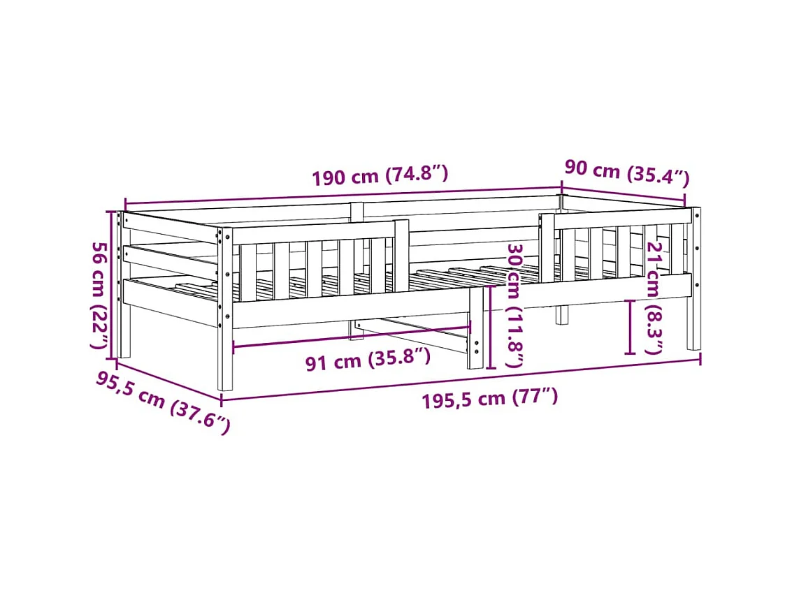 Letto senza Materasso 90x190 cm in Legno Massello di Pino