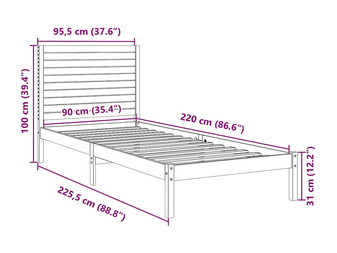 Cadre de lit extra long sans matelas 90x220 cm bois massif