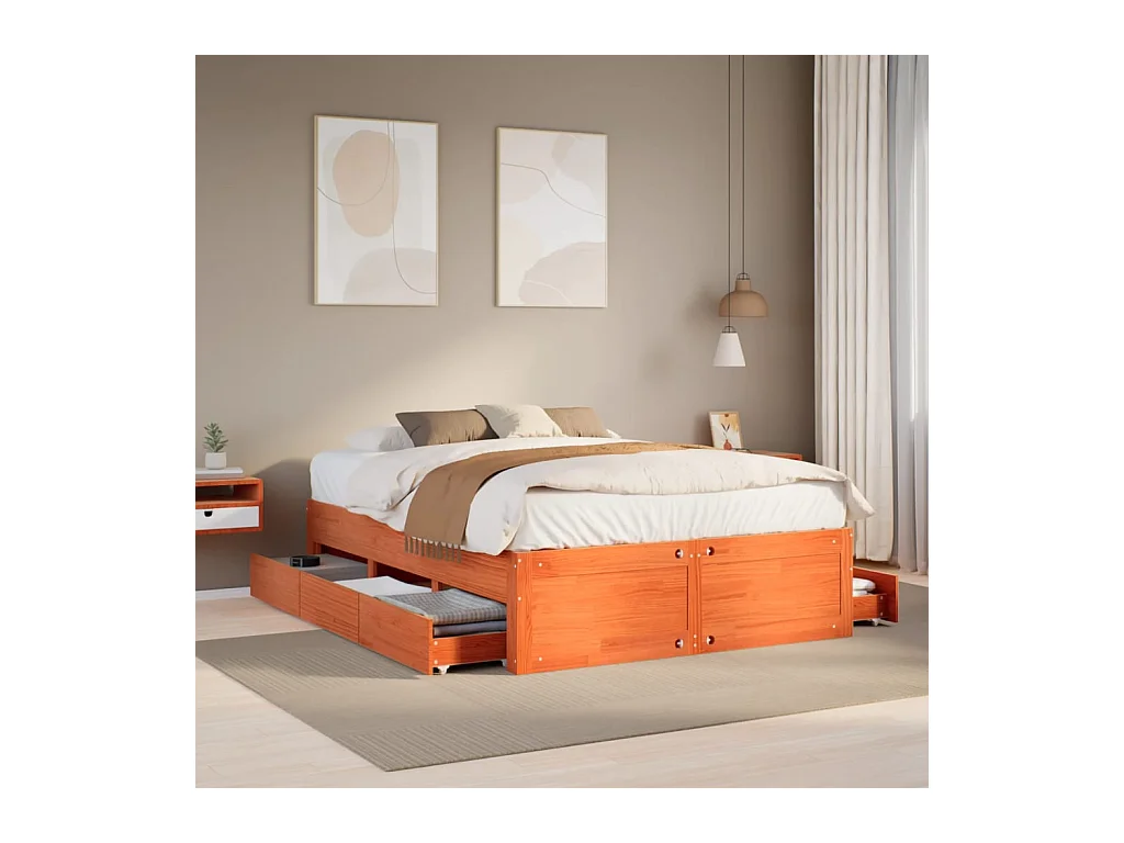 Cadre de lit sans matelas avec tiroirs brun cire 150x200 cm pin