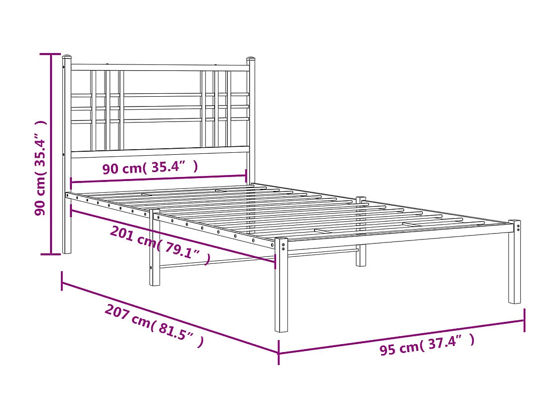 Cadre de lit métal sans matelas avec tête de lit noir 90x200 cm