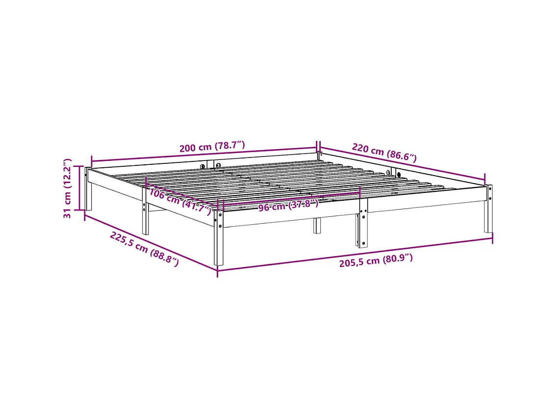 Letto Extra Lungo senza Materasso 200x220 cm in Legno di Pino