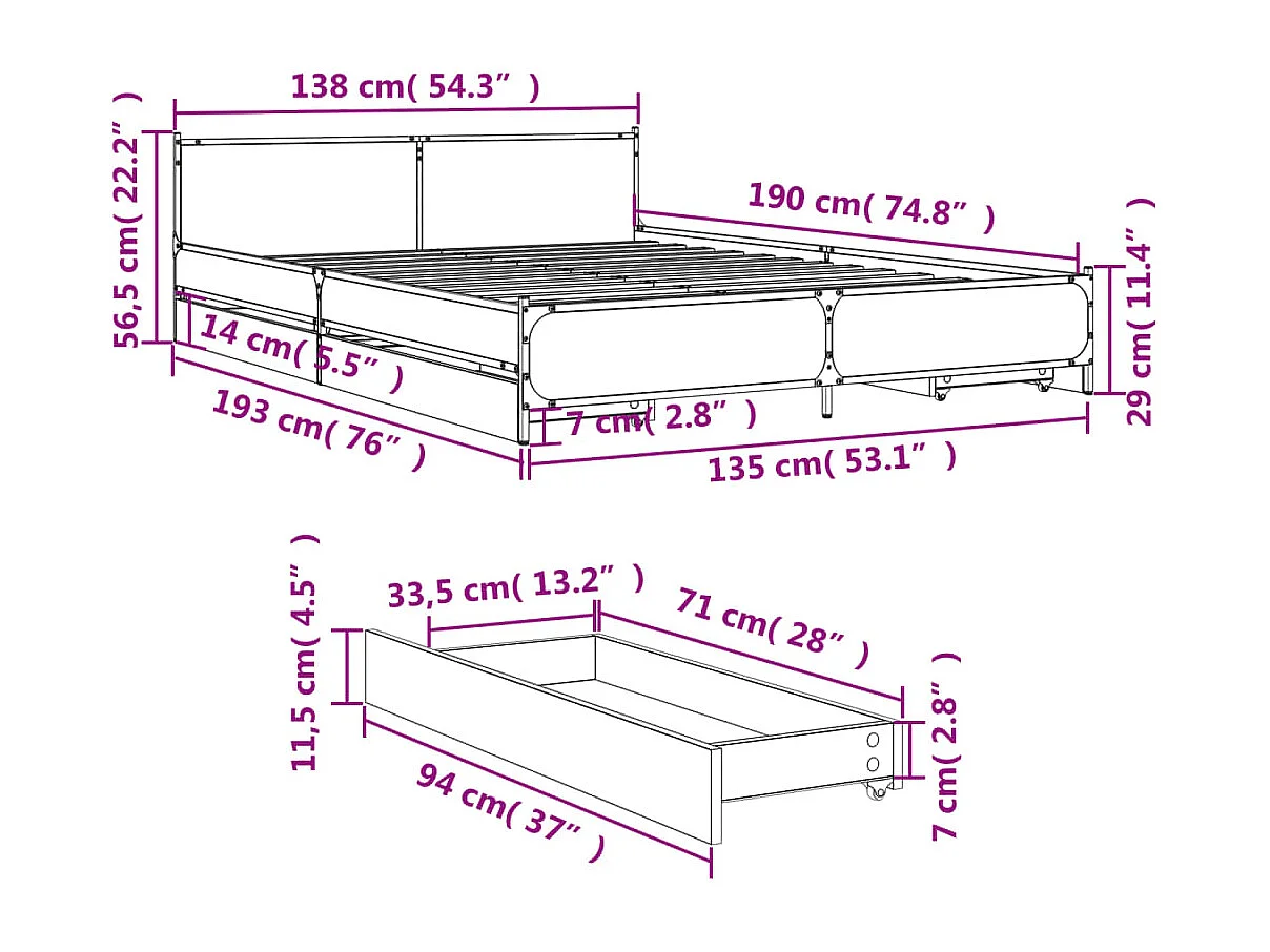 Estrutura de cama 140x200 cm derivados de madeira cinza sonoma