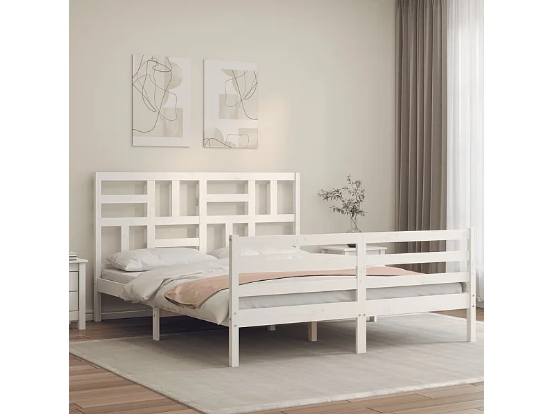Estructura de cama matrimonio con cabecero madera maciza blanco