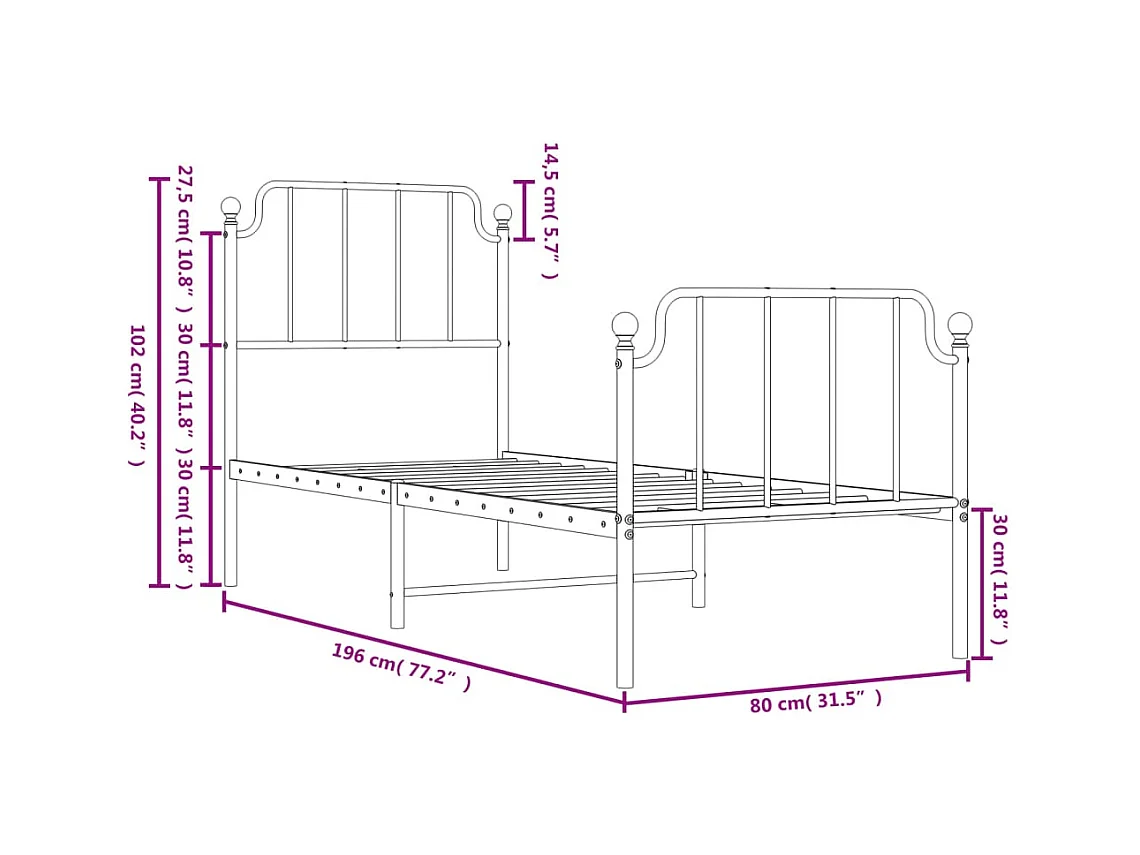 Giroletto con Testiera e Pediera Metallo Bianco 75x190 cm