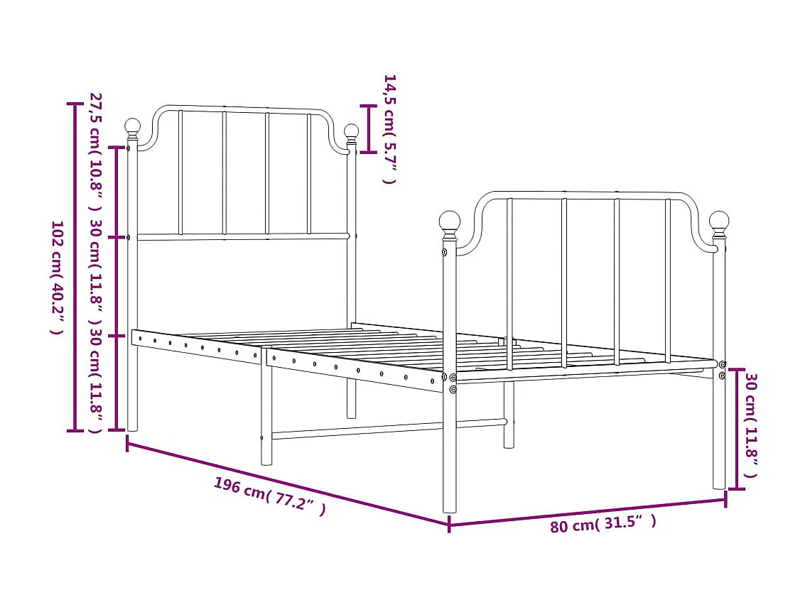 Cadre de lit métal sans matelas avec pied de lit blanc 75x190cm