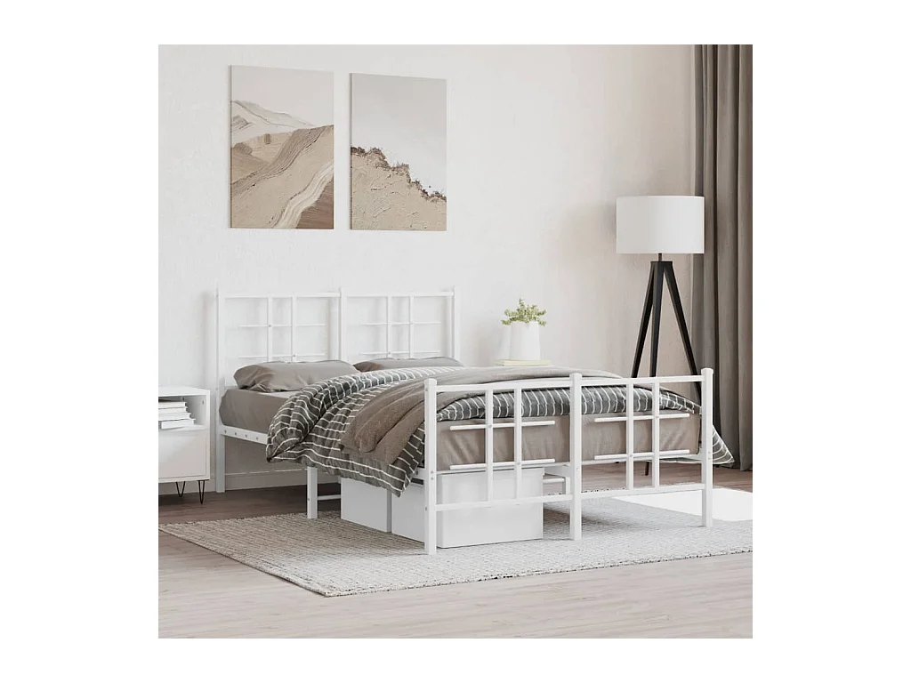 Cadre de lit métal sans matelas et pied de lit blanc 120x200 cm