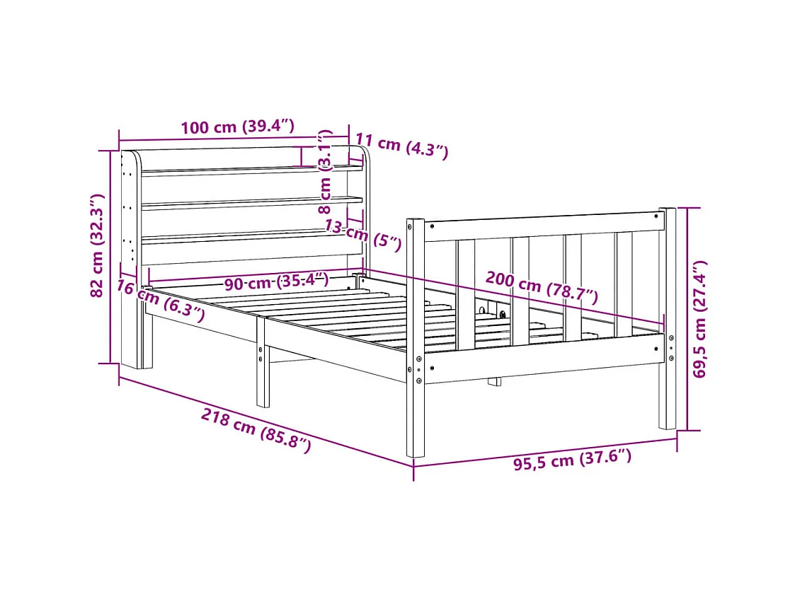 Letto senza Materasso 90x200 cm in Legno Massello di Pino