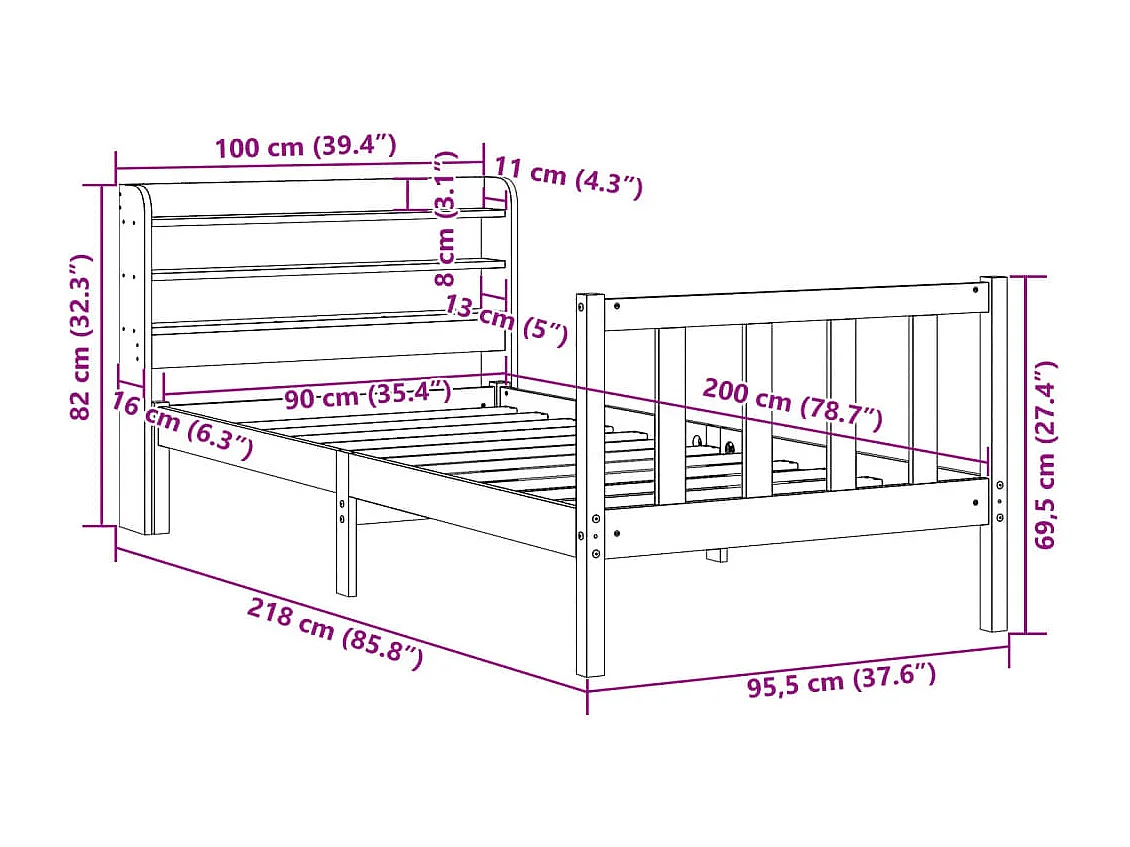 Cadre de lit sans matelas 90x200 cm bois de pin massif