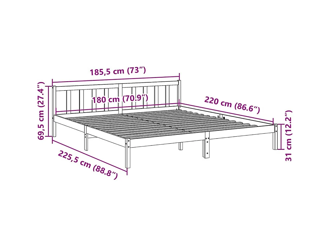 Cadre de lit extra long sans matelas 180x220 cm bois massif pin