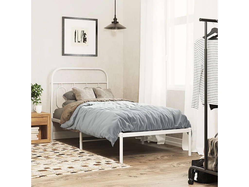 Cadre de lit métal sans matelas avec tête de lit blanc 90x190cm