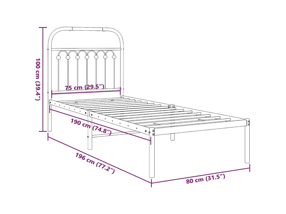 Bedframe met hoofdbord zonder matras metaal wit 75x190 cm